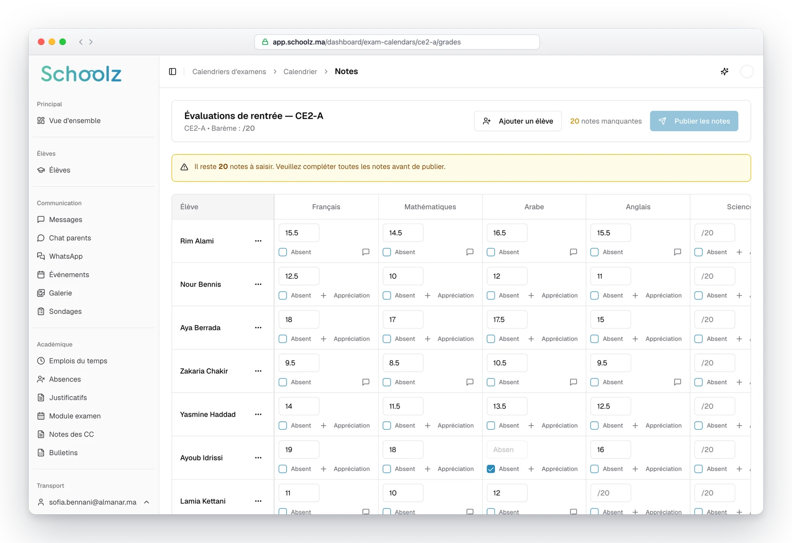 Aperçu — Calendrier d'Examens & Notes